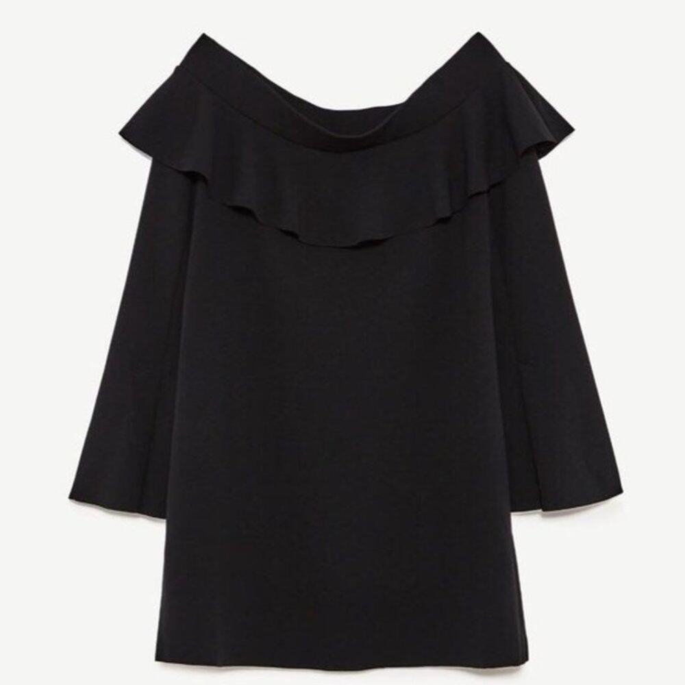 Zara Black Bell Long Sleeve Flounce Off The Shoulder Mini Dress Womens Sz S - Picture 9 of 9